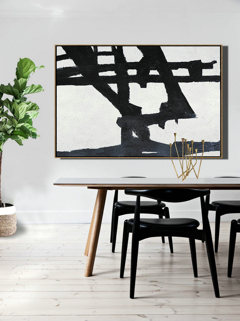 Hand Painted Original Art,Hand Painted Oversized Horizontal Minimal Art On Canvas, Black And White Minimalist Painting - Acrylic Painting Large Wall Art